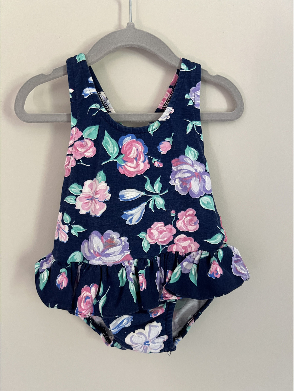 Vintage OshKosh Navy/Pink/Purple Floral One Piece Swimsuit, 95% Cotton